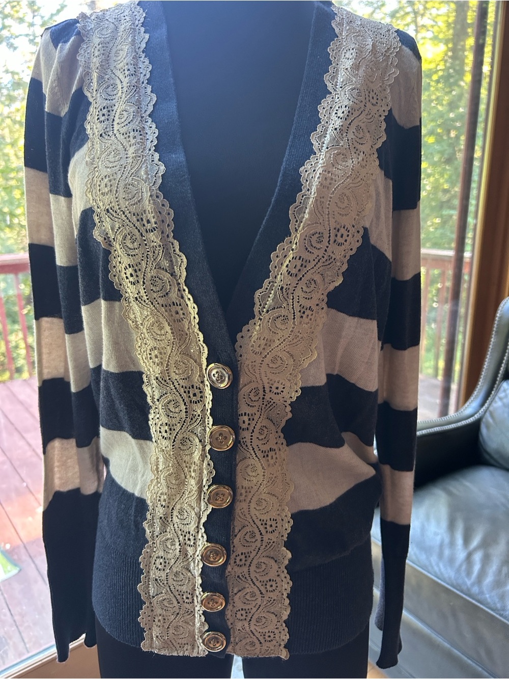 RXB stripped Navy and Cream Lace-Trim Cardigan Sweater